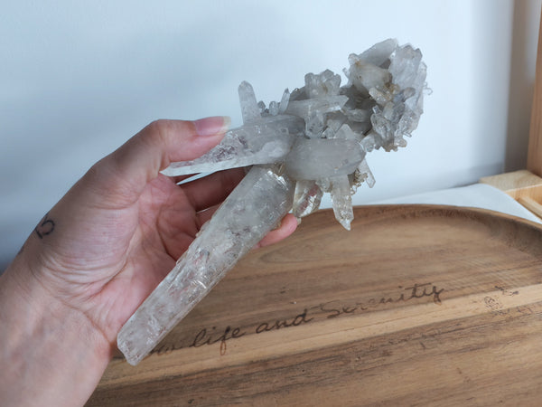 Amas cristal de roche avec pointes - tenu en main pour montrer la taille