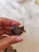Pendentif ammonite fossile bordure dorée tenu en main