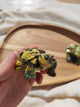 Tortue sculptée en serpentine vert foncé tenue en main vue de profil