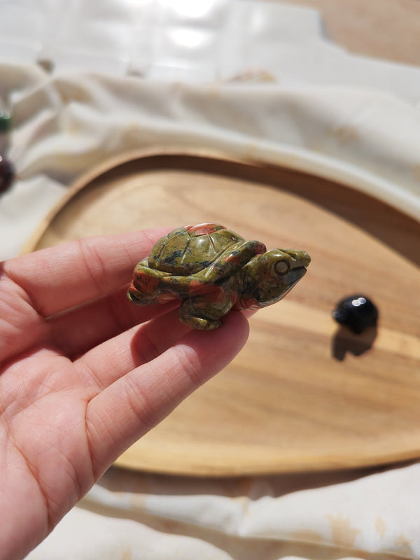 Grande tortue obsidienne œil céleste sculptée tenue en main vue de dessus