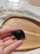Grande tortue obsidienne œil céleste sculptée tenue en main vue de profil