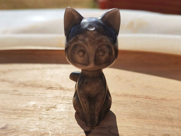 Chat Luna Sculpté en Obsidienne Argentée – Statuette Pierre Naturelle
