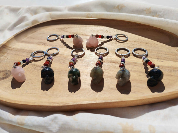 Porte-clé Crâne Pierre Naturelle 7 Chakras – Labradorite, Quartz Rose, Agate