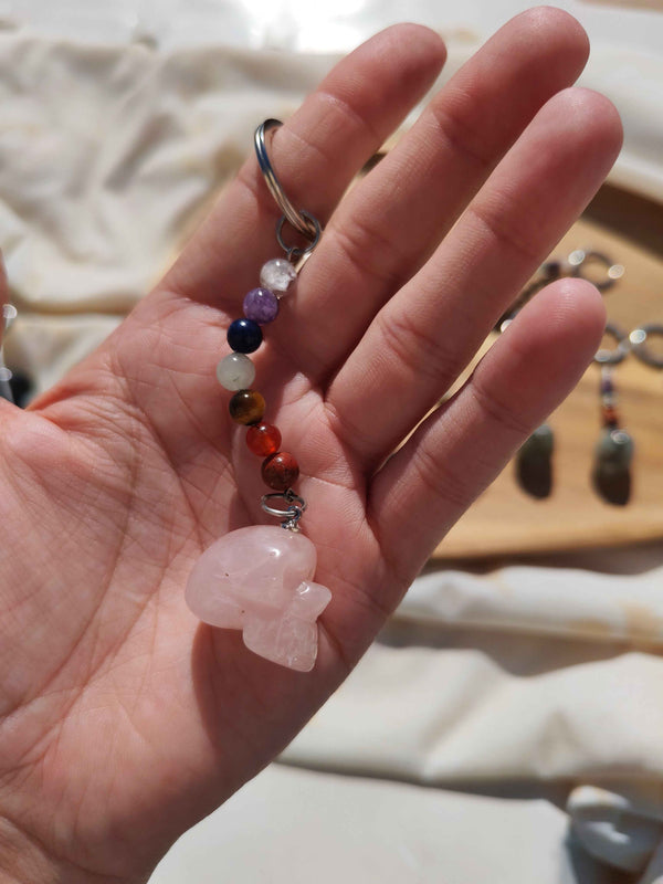 Porte-clé Crâne Pierre Naturelle 7 Chakras – Labradorite, Quartz Rose, Agate
