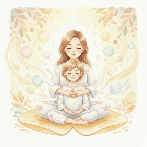 Illustration aquarelle d'un adulte et un enfant apaisés, entourés de lumière douce et d'énergie bienveillante — soin énergétique de rentrée