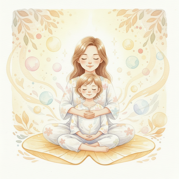 Illustration aquarelle d'un adulte et un enfant apaisés, entourés de lumière douce et d'énergie bienveillante — soin énergétique de rentrée